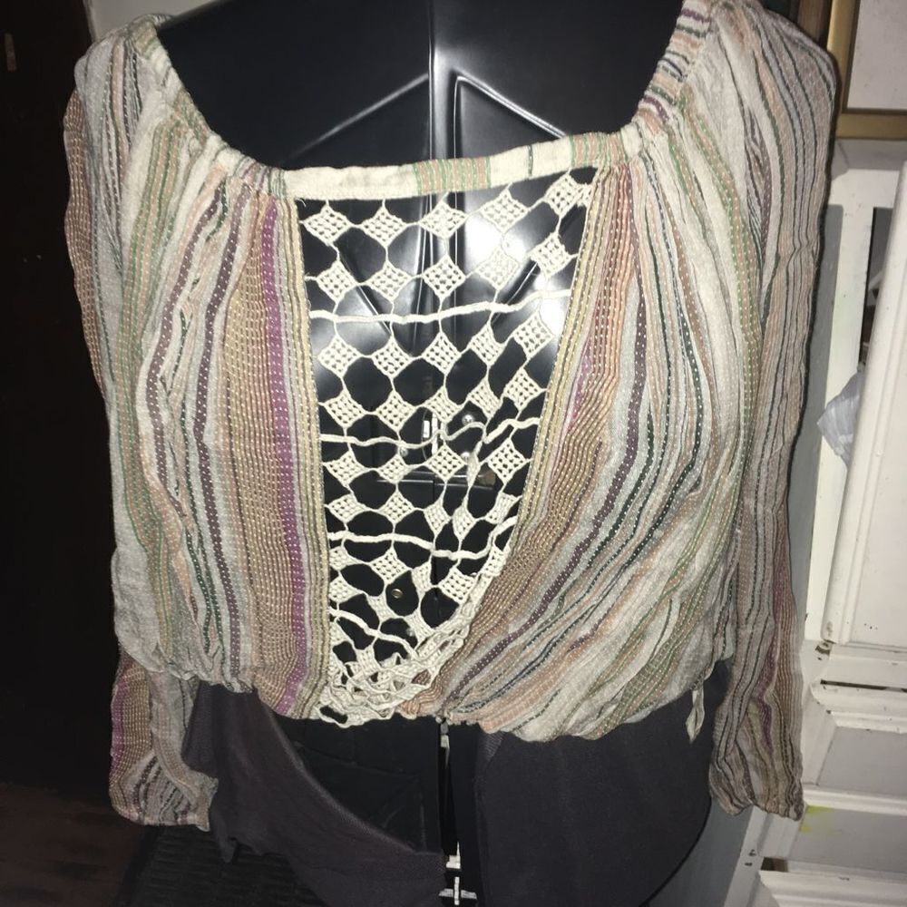 Free People Striped Crochet Trim Boho Blouse in Cream, Green, Purple